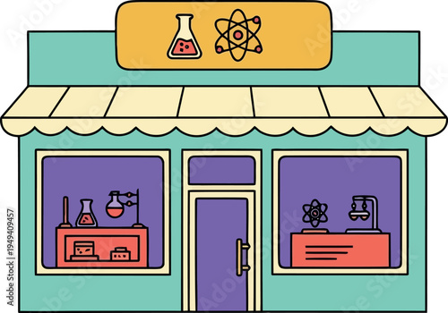 Colorful science shop storefront illustration with laboratory equipment and chemistry symbols