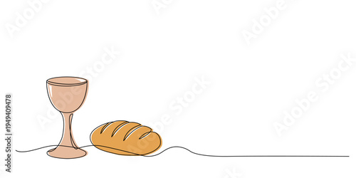 Communion symbolizes the escalating suffering of Jesus Christ. Bowl and bread. Flat vector linear illustration isolated on white background.