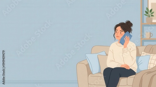 Illustration of a young woman sitting on a sofa and holding a blue cold compress to her cheek to relieve pain or swelling. First aid, home treatment, and healthcare concept with copy space.