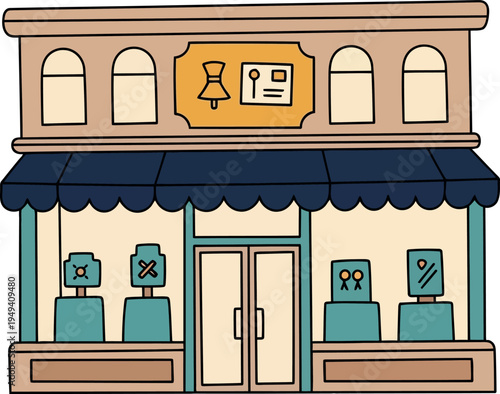 Vector illustration of jewelry store exterior with blue awning and display windows