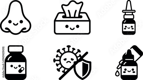 Cute medical nasal care icons with smiling face tissue box medicine bottles nasal spray and virus protection shield vector art
