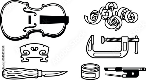 Black and white vector art showing violin parts including body bridge wood shavings clamp knife rosined bow and rosin container