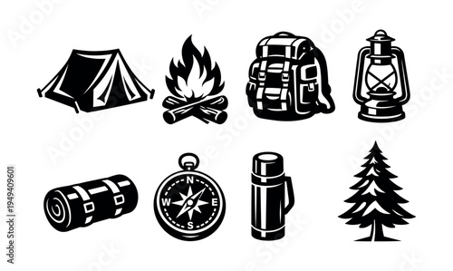 Set of black and white camping icons featuring tent backpack lantern and more