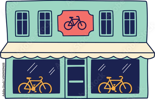 Colorful vector illustration of a bicycle shop storefront with display windows and signage