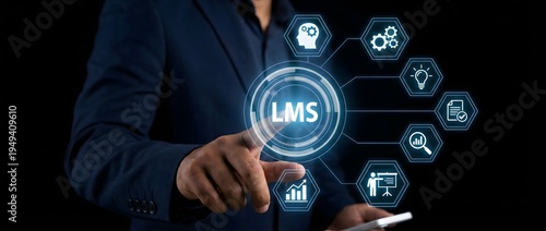 Businessman in suit interacting with lms interface featuring digital icons
