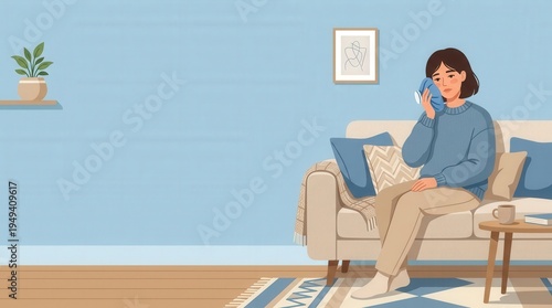Illustration of a young woman sitting on a sofa in a living room, holding a blue ice bag to her cheek. She appears to be suffering from a toothache or facial pain. Healthcare, home treatment, and pain