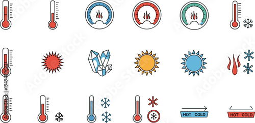 Set of temperature and weather icons, flat line symbols of thermometers, sun, snowflakes and fire for hot and cold concepts, vector illustration isolated on white background