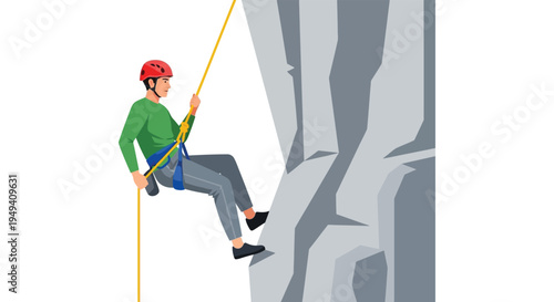 A rock climber rappels down a grey cliff face using a yellow rope depicted in a flat modern silhouette high quality