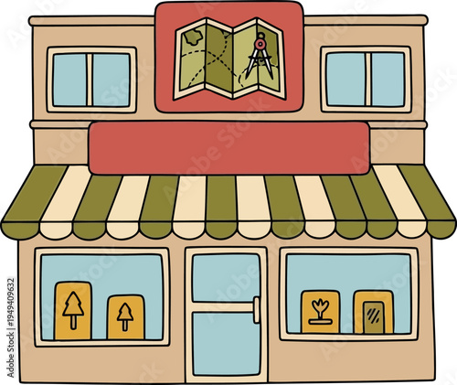 Cartoon outdoor adventure shop with green striped awning and map sign illustration
