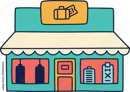Colorful vector illustration of a luggage store exterior with suitcase sign and travel bags in window display