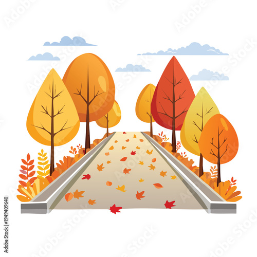 Autumnal pathway scene with colorful trees and fallen leaves vector illustration