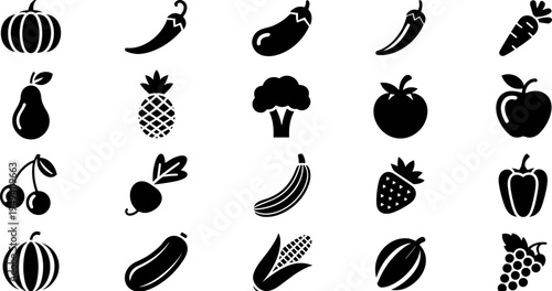 Fruit and vegetable icon set, healthy food produce collection including apple banana carrot tomato isolated flat vector illustration