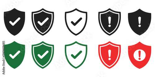 Security Shield Symbols with Check Mark and Exclamation Icons, Protection and Warning Sign Collection for Safety, Verification, Approval and Risk Alert Vector Illustration