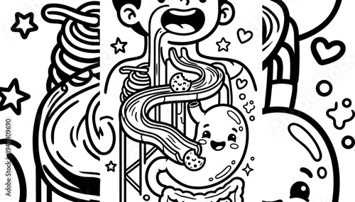 Cute cartoon style digestive system illustration showing smiling stomach and intestines with happy face eating cookies and flowing food inside body