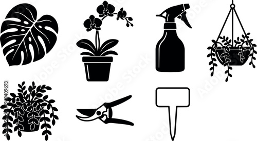 Black silhouette vector set of potted orchid plant monstera leaf pruning shears spray bottle garden marker and hanging plant icons