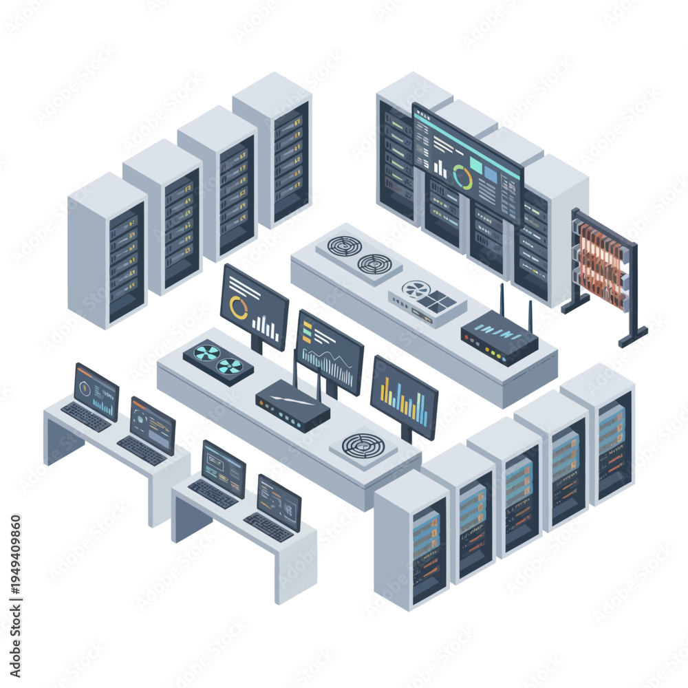 Obraz premium Isometric Data Center Illustration - Servers, Computers, and Network Equipment.