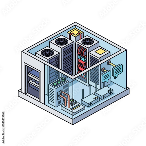 Isometric Server Room Illustration - Data Center Infrastructure and Technology.