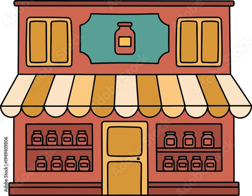 Colorful vector illustration of a small jam shop storefront with striped awning and jars display