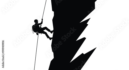A rock climber descends a steep cliff face using ropes and gear depicted as a striking silhouette high quality professional detailed