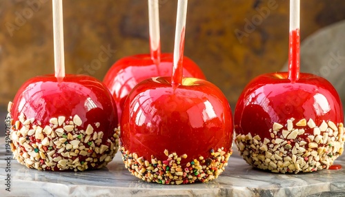 Four candied apples with wooden sticks, some coated with nuts, on marble against a textured background