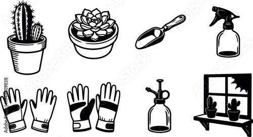 Black and white vector art of cactus and succulent pots with gardening gloves spray bottles shovel and window shelf front view