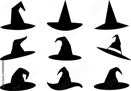 Witch hat silhouette collection, Halloween spooky wizard costume hats set, magic fantasy headwear icons isolated flat vector illustration
