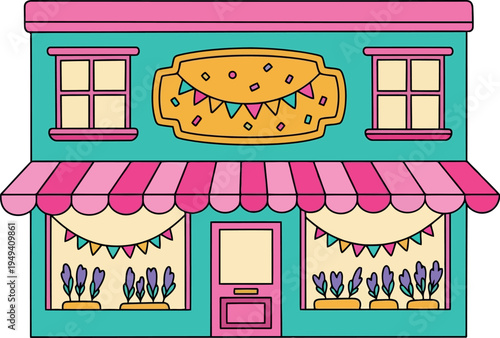 Colorful cartoon flower shop storefront with striped awning and festive bunting illustration
