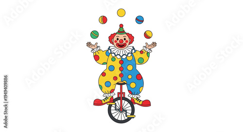 A brightly colored clown joyfully juggles balls while riding a unicycle exhibiting a whimsical flat silhouette high quality professional detailed modern