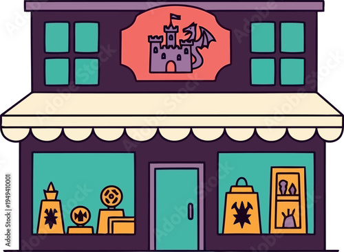 Colorful comic book store exterior with fantasy castle and dragon sign, illustrated vector art
