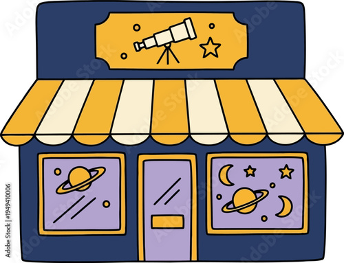 Cartoon Astronomy Storefront with Telescope and Space Elements Illustration