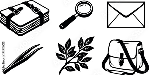 Black and white flat design postal mail package magnifying glass envelope leaf and bag icons vector set