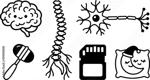 Flat design icons of smiling brain spine neuron mallet memory card and sleeping moon pillow set in black on white background