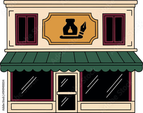 Vintage art supply store facade with green awning and ink pen sign illustration