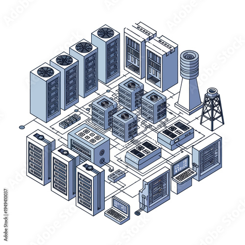 Isometric Illustration of a Modern Data Center and Infrastructure.