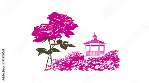 A garden scene illustration with a rose and gazebo, set against a stark white backdrop