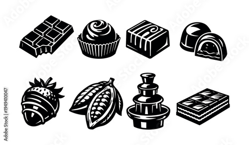 Black and white chocolate dessert vector set featuring various sweet treats and ingredients