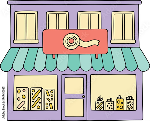Cute Candy Store Illustration with Sweets Display and Colorful Shopfront