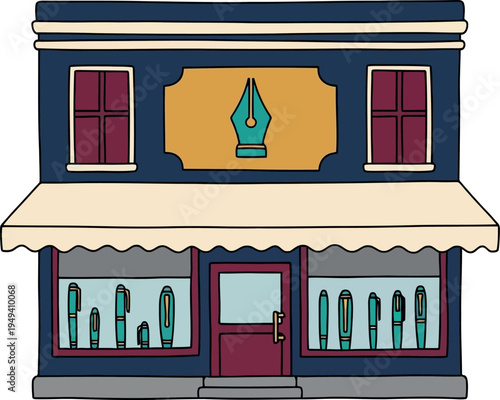 Vector illustration of a pen shop storefront with fountain pens in display windows