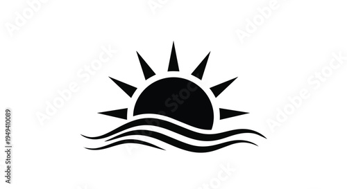Black silhouette of a sunrise or sunset over wavy lines