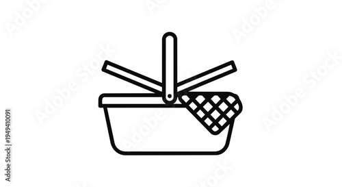 Black line icon of a picnic basket with a towel and cutlery