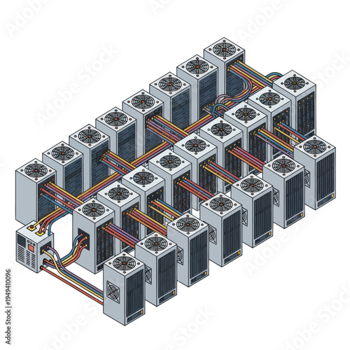 Isometric View of a Server Farm with Multiple Interconnected Servers.