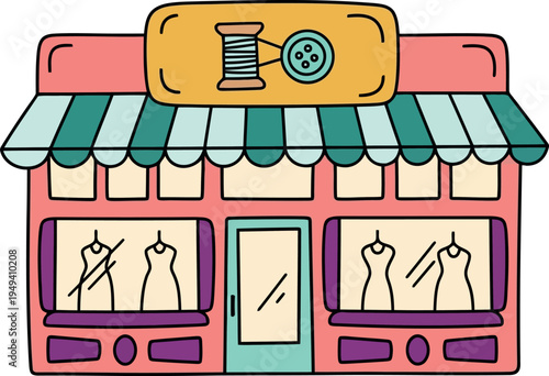 Colorful boutique dress shop illustration with mannequins and sewing sign for fashion design
