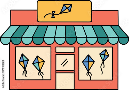 Colorful kite shop storefront illustration with striped awning and window display