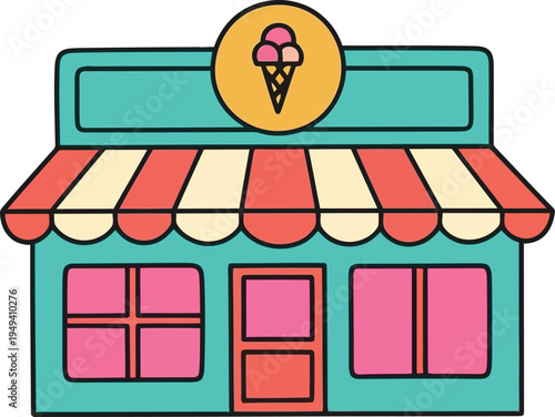 Colorful cartoon ice cream shop storefront with striped awning and signage vector illustration