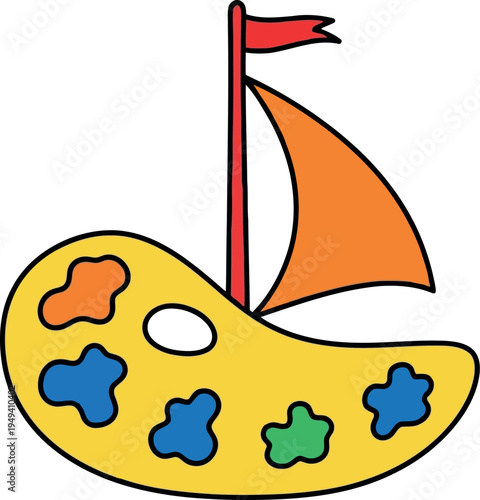 Colorful cartoon artist palette sailboat illustration for creative art and education concepts