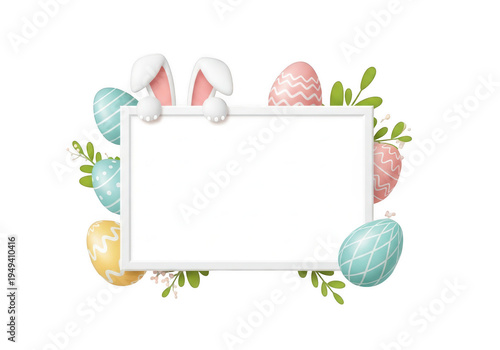 Easter bunny and eggs frame isolated on transparent background. Png