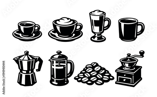 Black and white coffee set illustration with cups beans and coffee makers