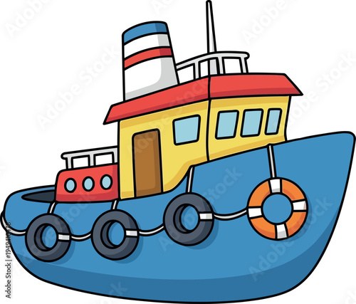 Colorful cartoon tugboat illustration with lifebuoy and nautical details for children