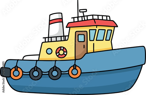 Cartoon tugboat illustration with colorful nautical design and playful maritime theme