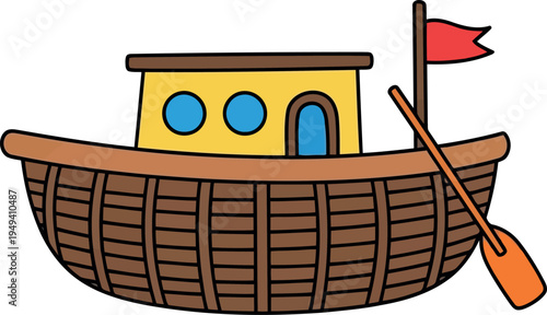 Cartoon Noah's Ark with Wooden Oar and Red Flag Isolated on White Background